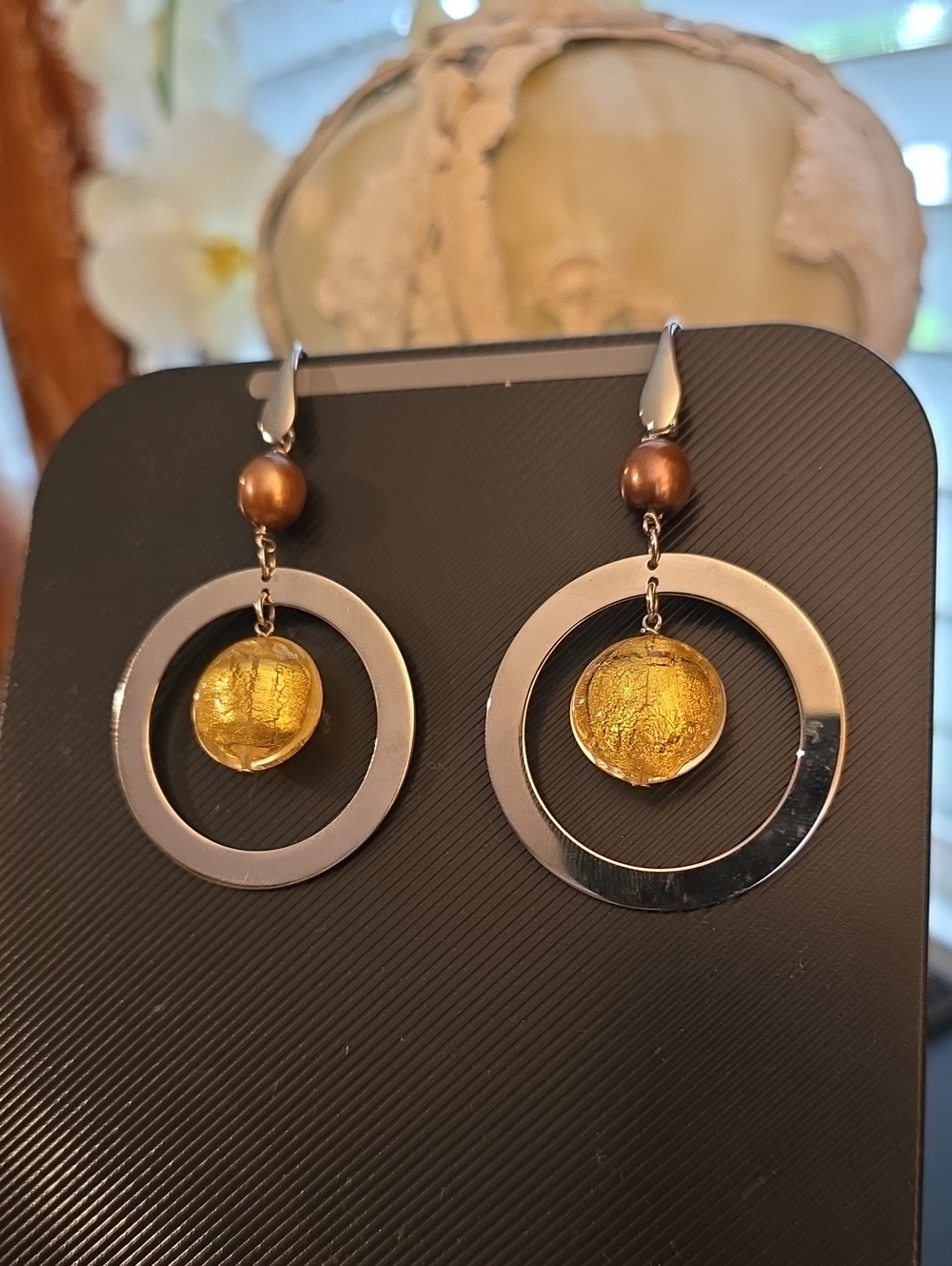 Milor Italy Stainless Steel Artisan Drop Hoop Earrings – Mixed Media Glass